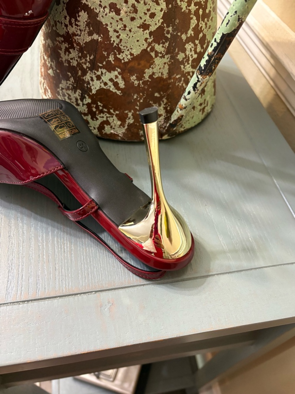 Designer Inspired Patent Pointed-Toe Slingback Heels with Gold Buckle - Picture 6 of 6